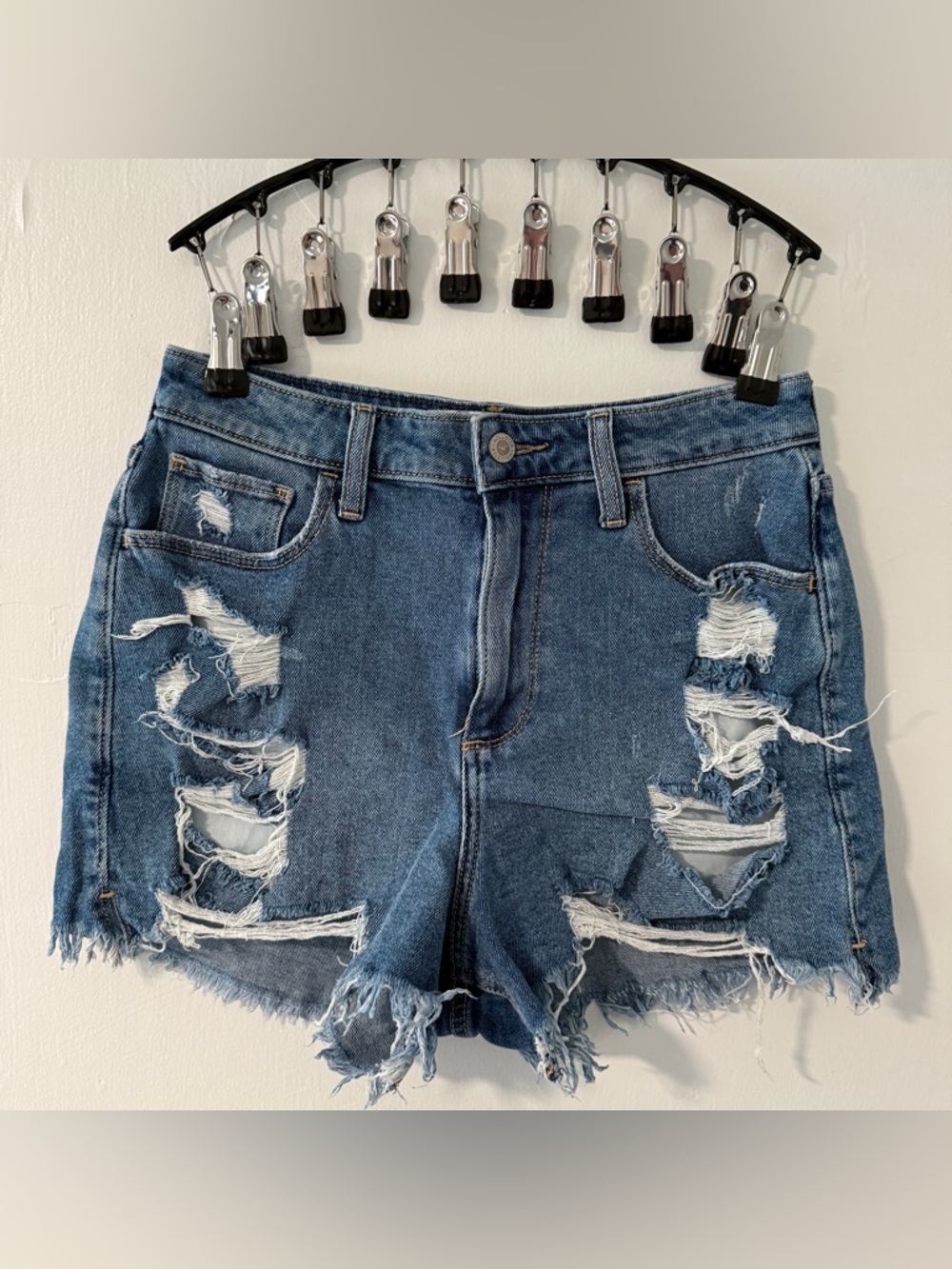 Hollister Ripped High-Rise Blue Denim Shorts | Size: 28